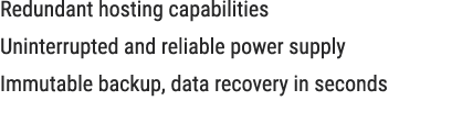 Redundant hosting capabilities Uninterrupted and reliable power supply Immutable backup, data recovery in seconds
