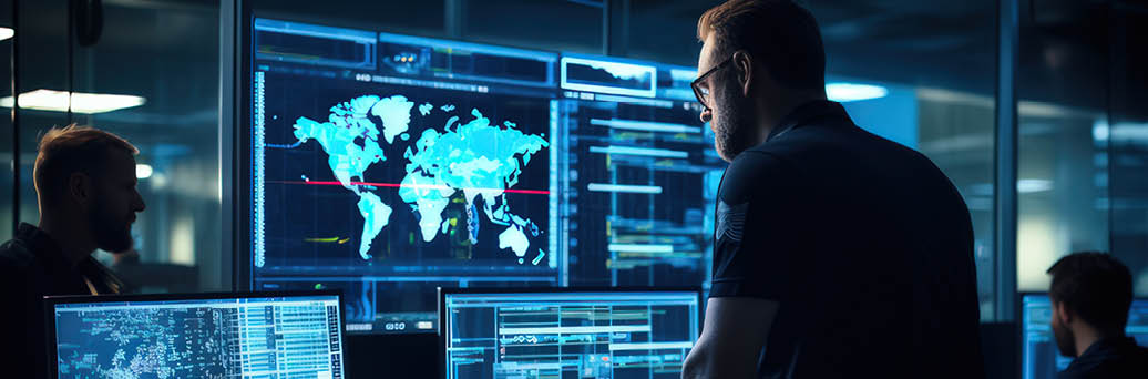 IT security specialists in a high-tech command center, analyzing intricate cyber patterns