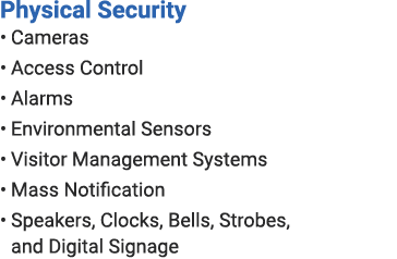 Physical Security • Cameras • Access Control • Alarms • Environmental Sensors • Visitor Management Systems • Mass Not...